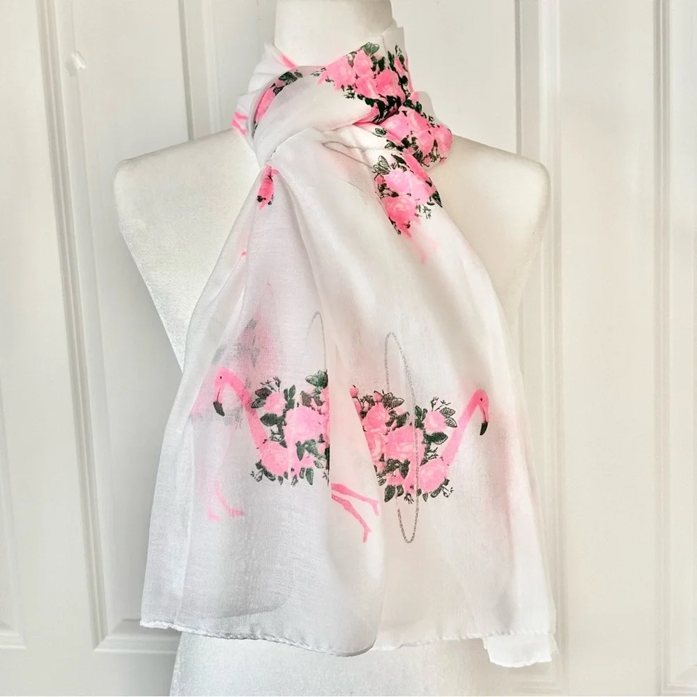 VTG Flamingo Sheer Sparkle Scarf Headcover Coverup Multi Use Feminine Pink White